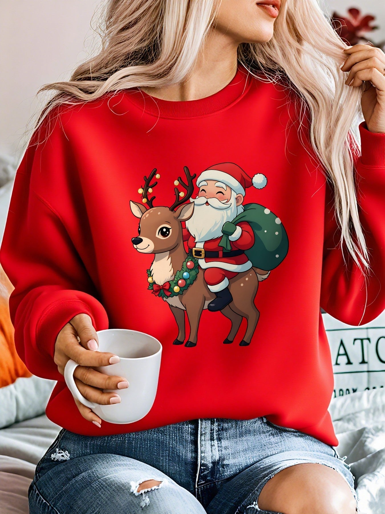 Christmas sweater with Santa and reindeer print for women