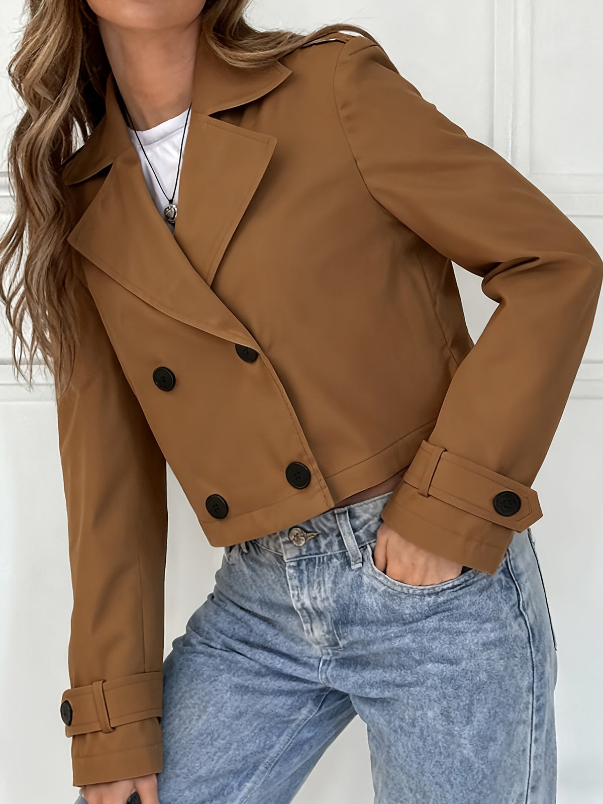 Button tab cropped pea coat for women