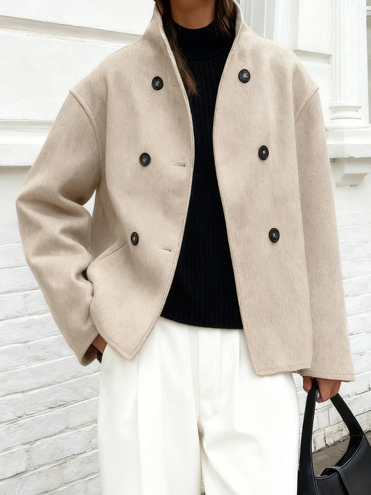 Cropped stand collar pea coat for women
