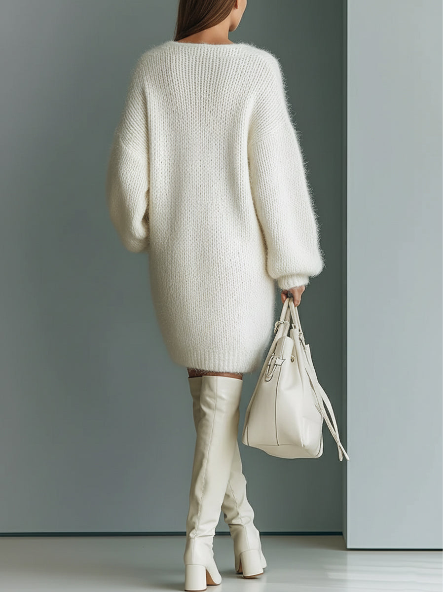 Fuzzy knit sweater dress in white for women