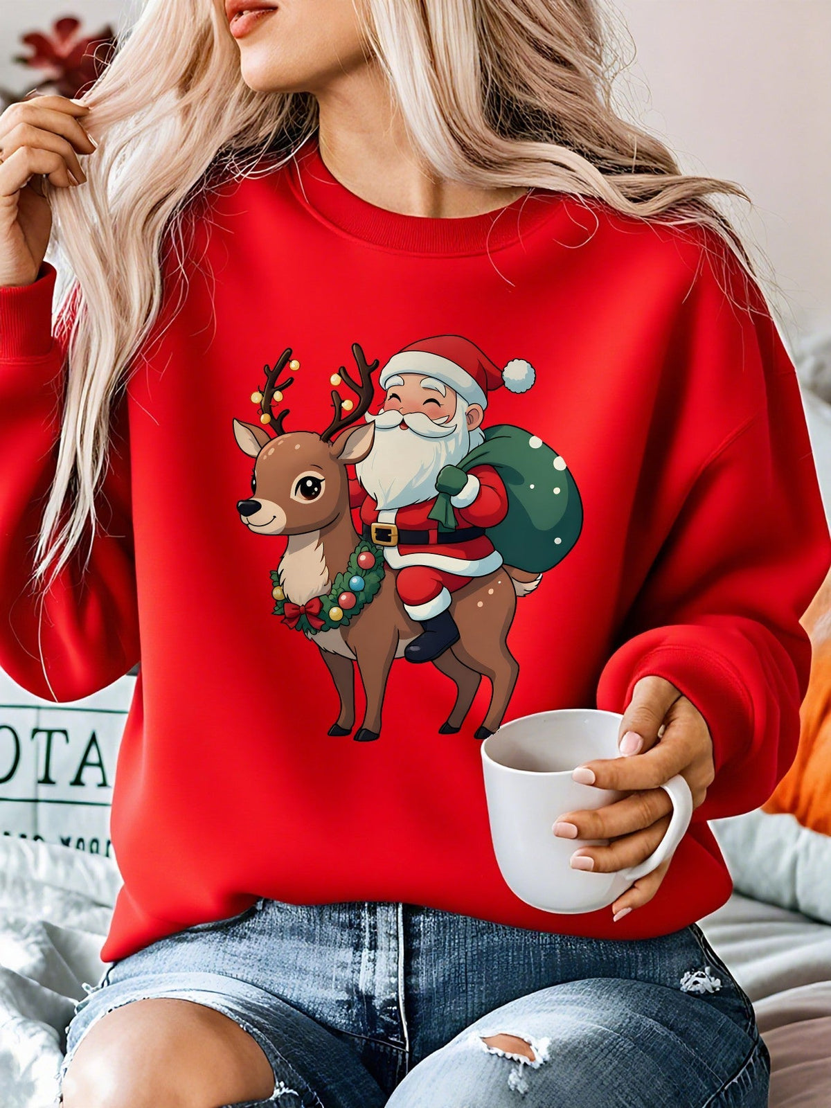 Christmas sweater with Santa and reindeer print for women