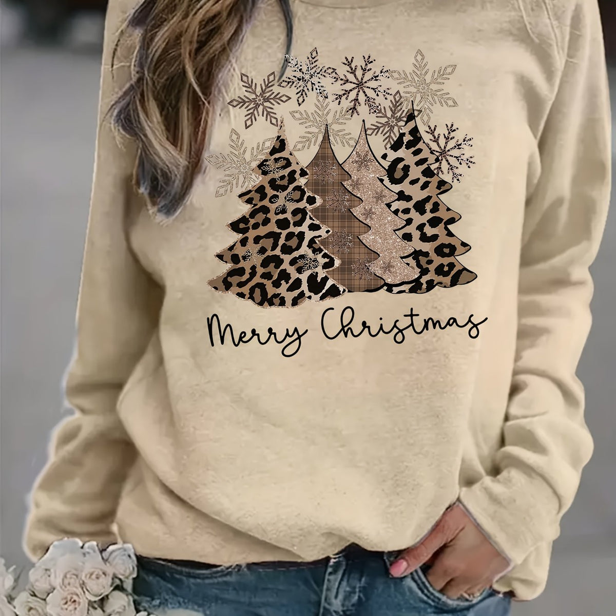 Leopard print Christmas sweater with drop shoulders for women