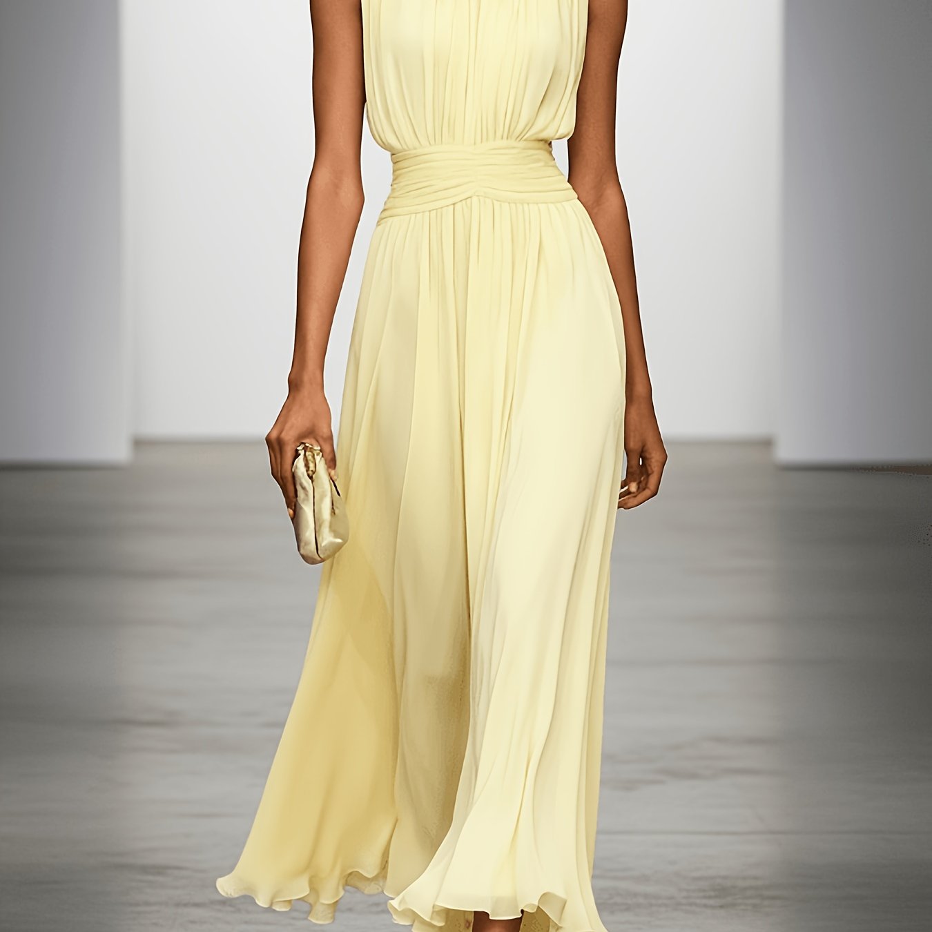 Vestido largo plisado para mujer con cintura fruncida