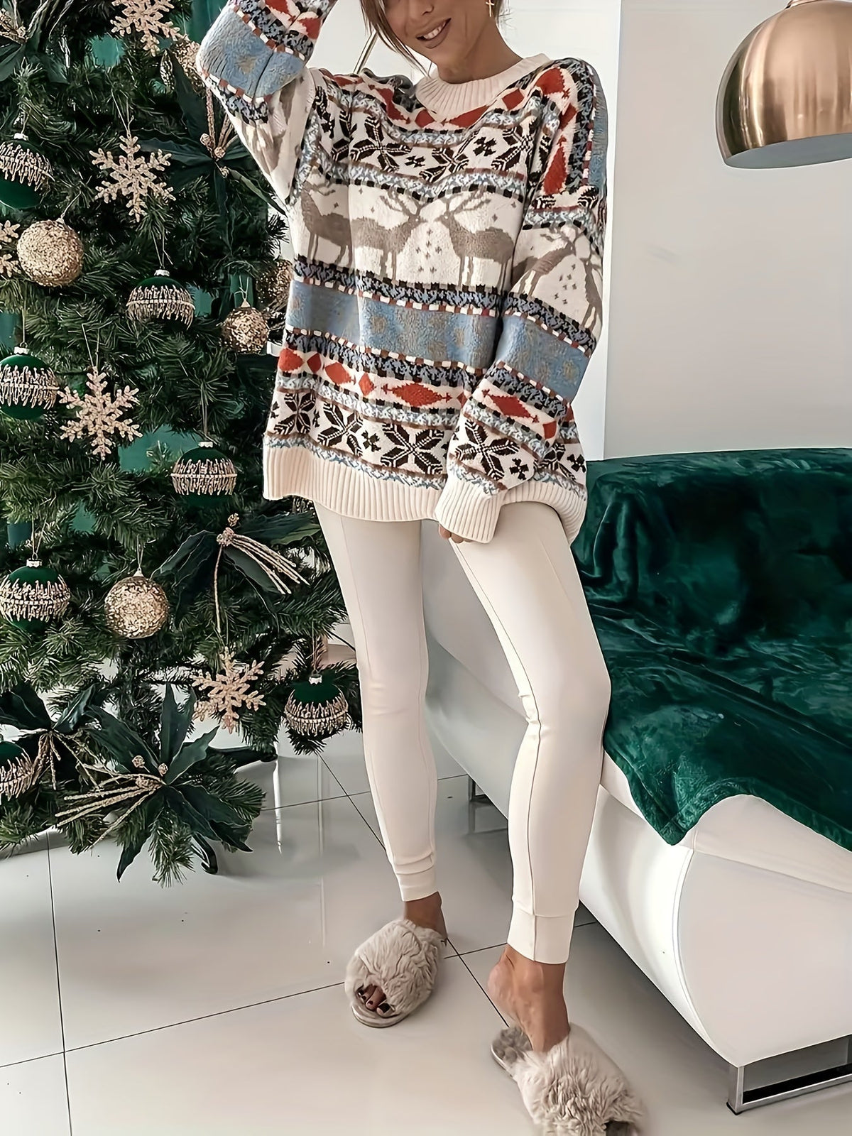 White reindeer Fair Isle Christmas sweater for women