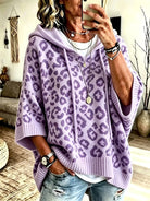 Oversized leopard batwing knit hoodie for women