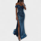Off-shoulder sequin maxi dress with high slit for women