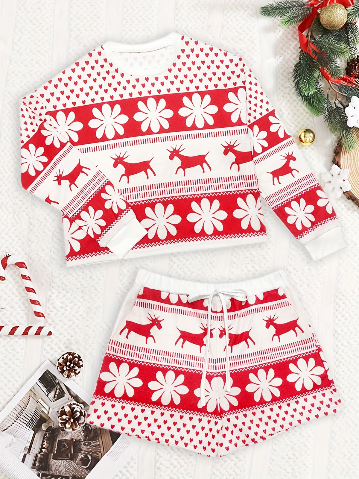 Red and white snowflake Christmas pajama set for women
