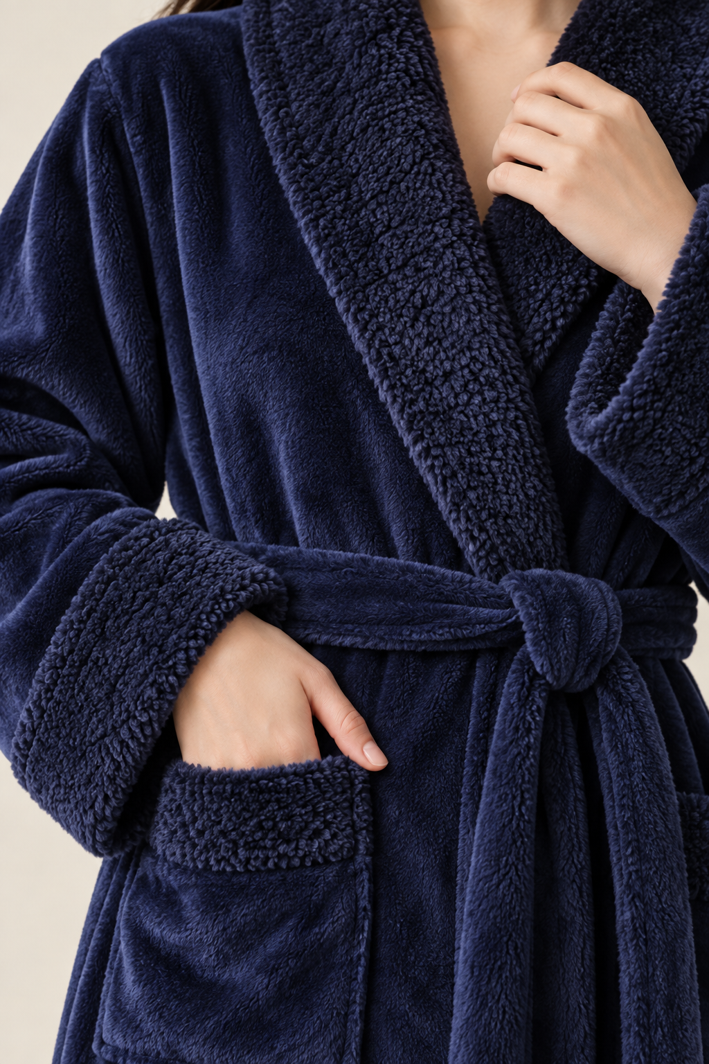 Sherpa-look trim plush robe for women