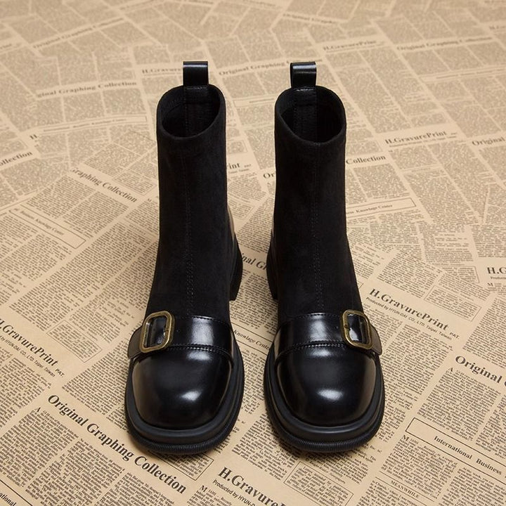 Pull-on suede-look ankle buckle boots for women