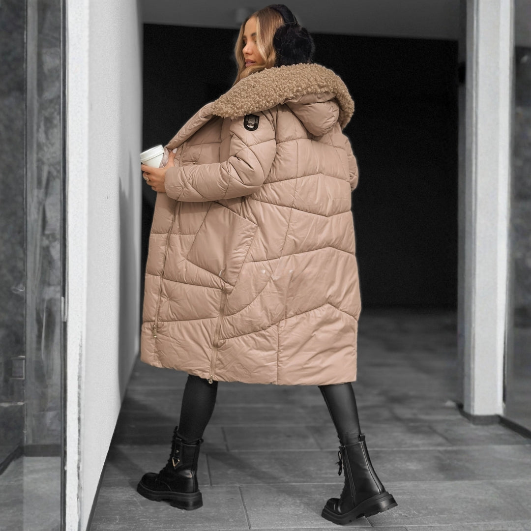 Long quilted hooded coat for women