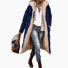 Fleece-lined hooded puffer coat in navy blue for women