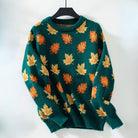 Maple leaf print sweater in green and black for women