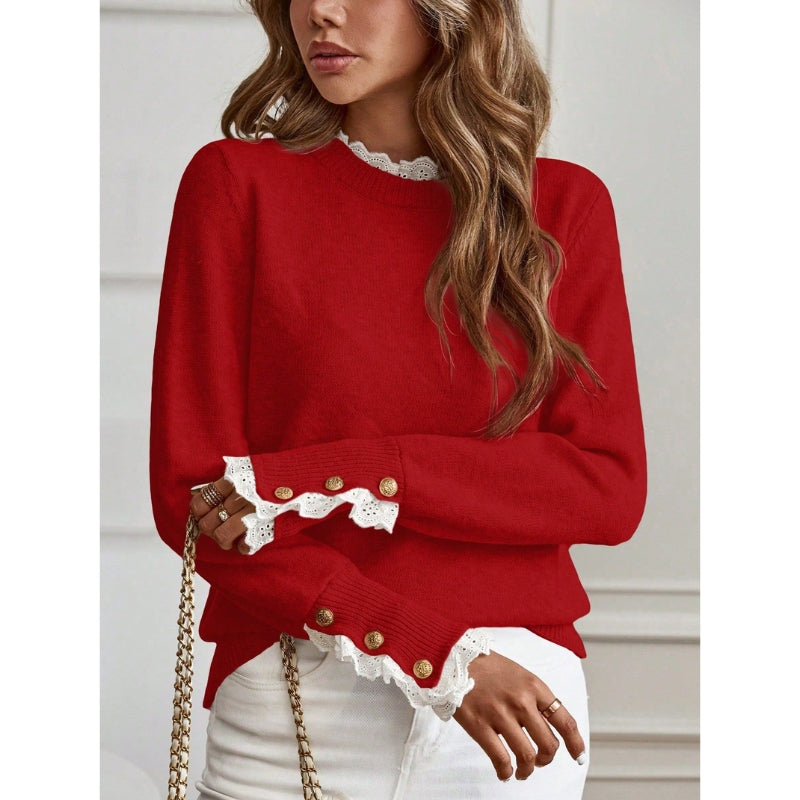 Lace trim mock neck sweater in beige, black and red for women