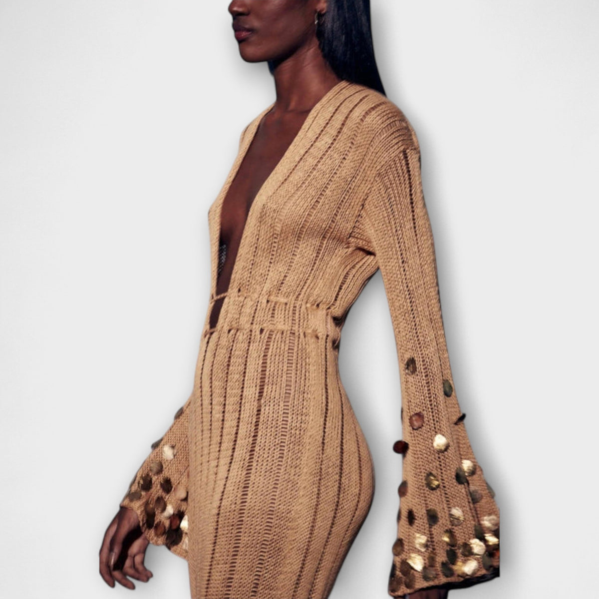 Gold open-knit maxi dress with sequin discs for women