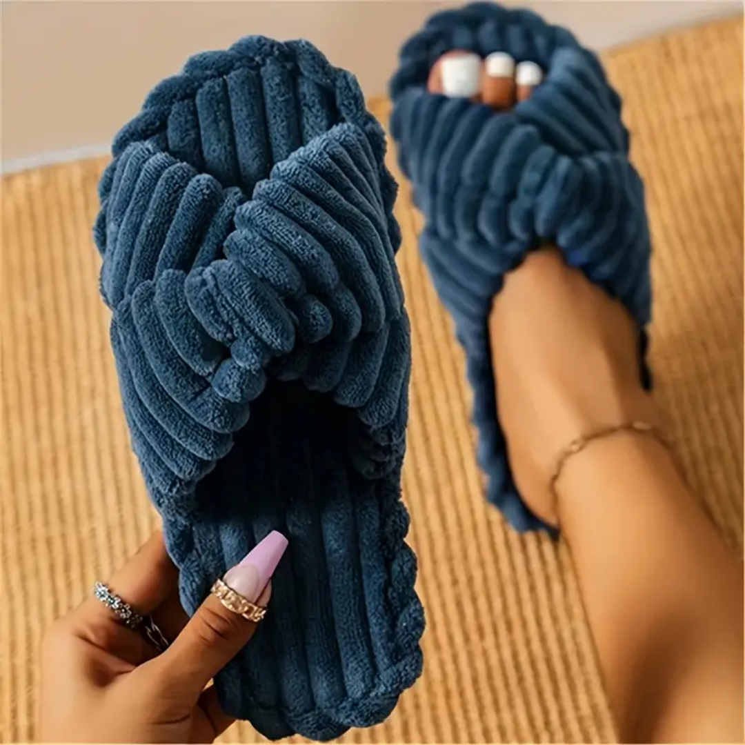 Cross knit plush slippers in navy for women