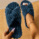 Cross knit plush slippers in navy for women