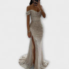 Off-shoulder sequin maxi dress with high slit for women
