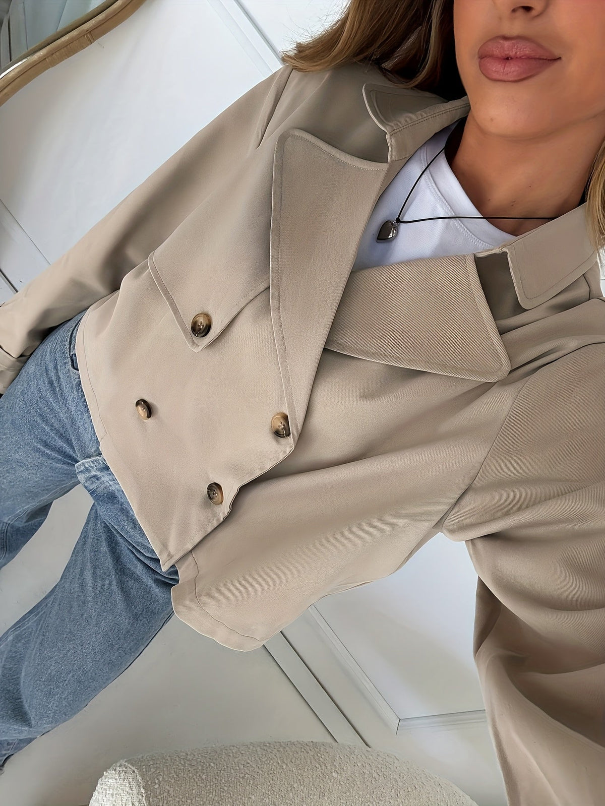 Flap pocket cropped pea coat for women