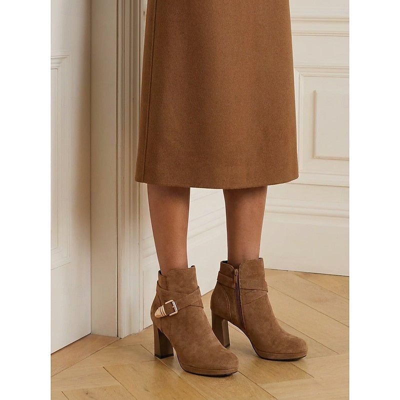 Suede-look block heel ankle buckle boots for women