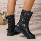 Black slouchy mid-calf double buckle boots for women