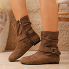 Slouchy flat suede-look buckle boots for women