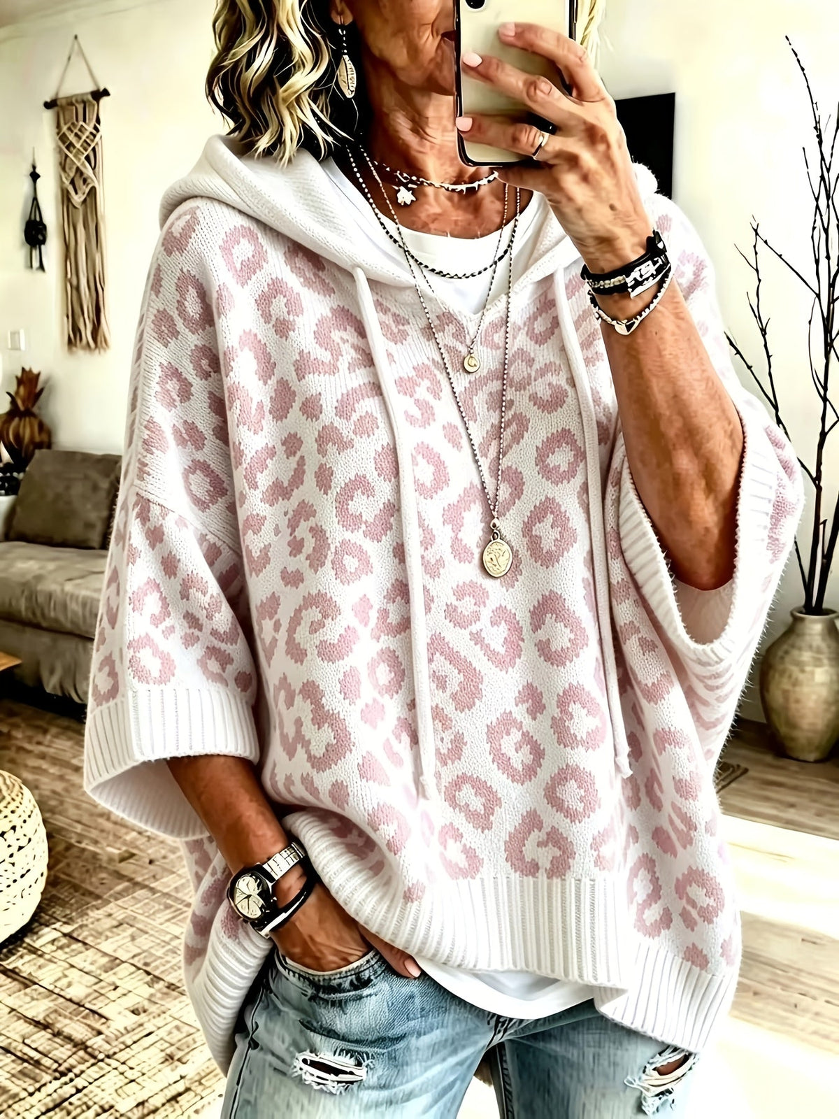 Oversized leopard batwing knit hoodie for women