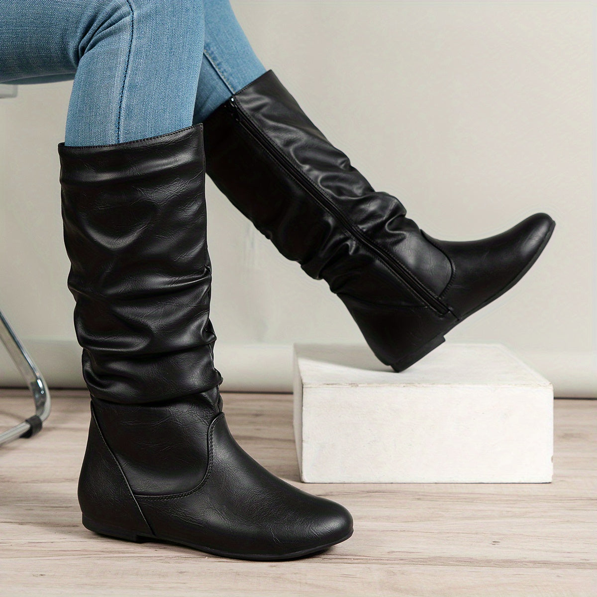 Ruched mid-calf slouch boots for women