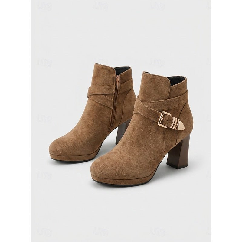Suede-look block heel ankle buckle boots for women