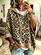 Oversized leopard batwing knit hoodie for women