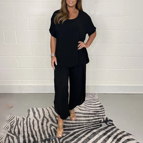 Conjunto de 2 Piezas Blusa Suelta Manga Corta y Pantalón de Pierna Ancha