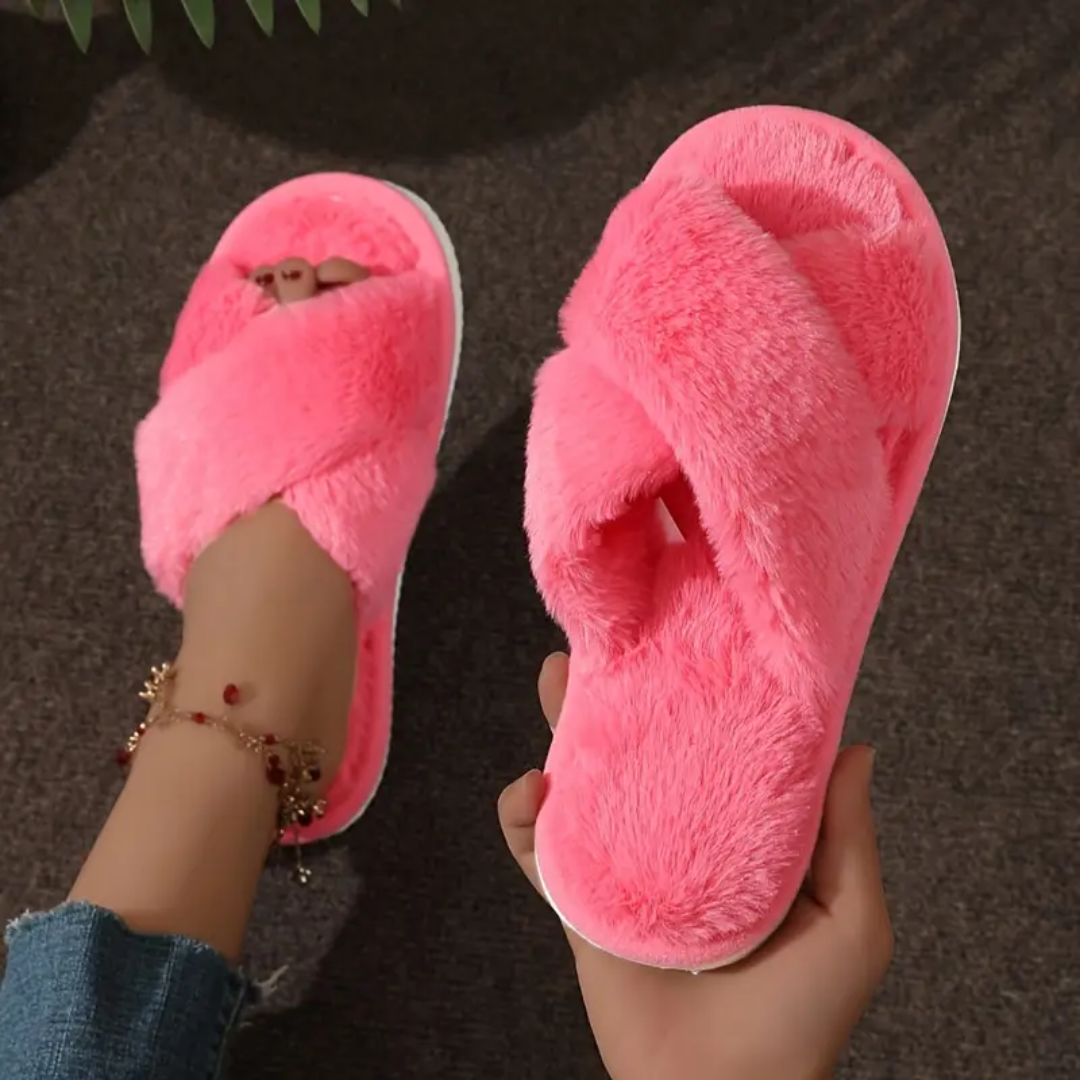 Criss cross fuzzy slippers in rose for women