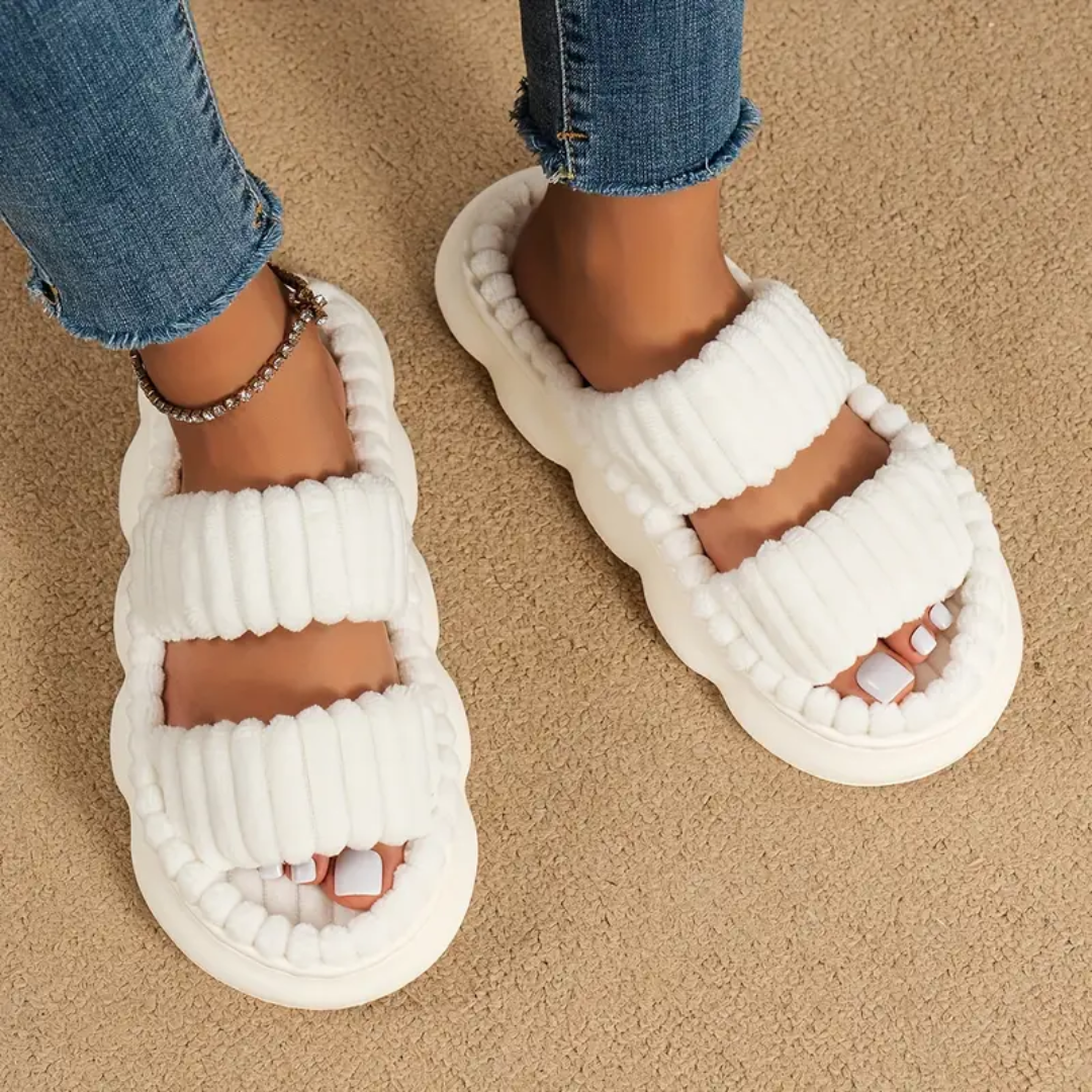 Fluffy double strap slides for women