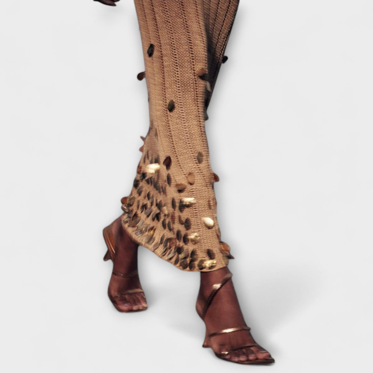 Gold open-knit maxi dress with sequin discs for women