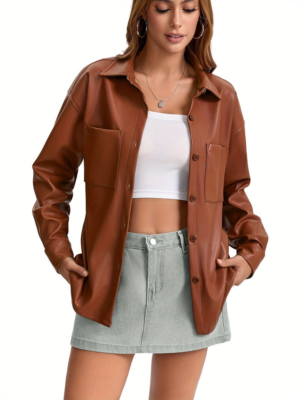 Leather-look shacket for women in brick red, light brown or black