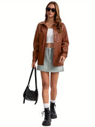 Leather-look shacket for women in brick red, light brown or black