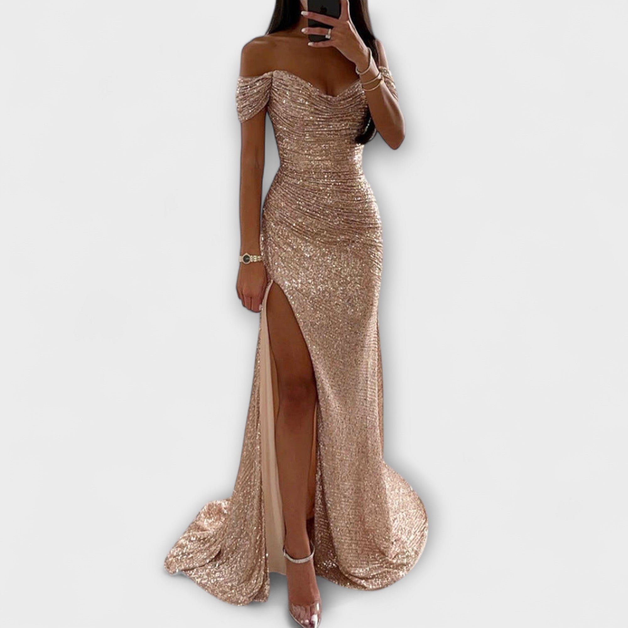 Off-shoulder sequin maxi dress with high slit for women