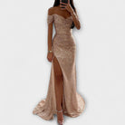Off-shoulder sequin maxi dress with high slit for women
