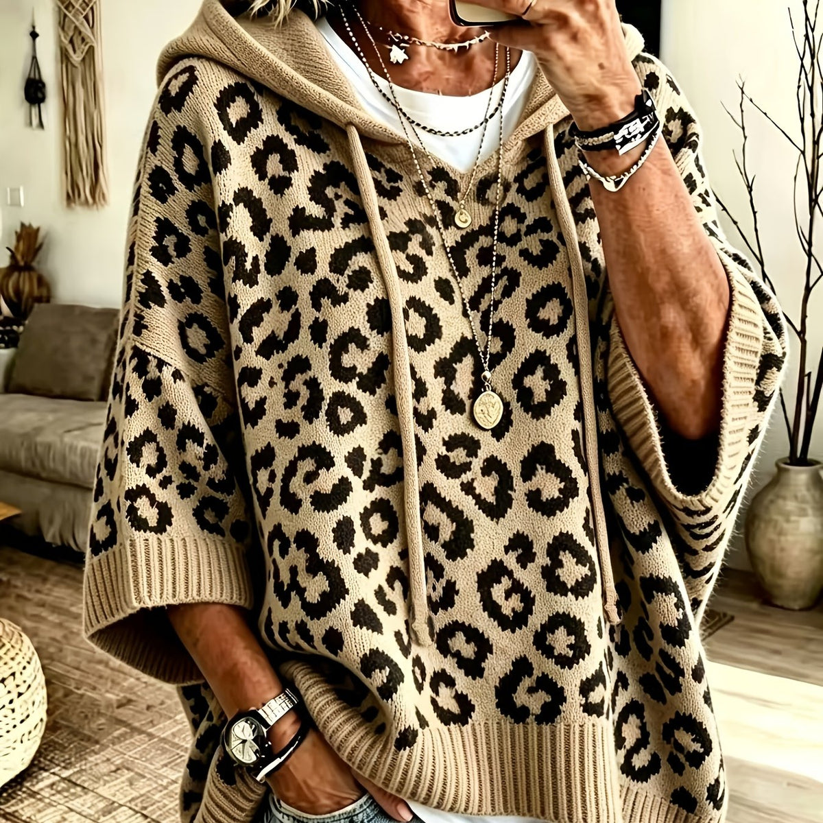 Oversized leopard batwing knit hoodie for women