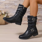 Black slouchy mid-calf double buckle boots for women