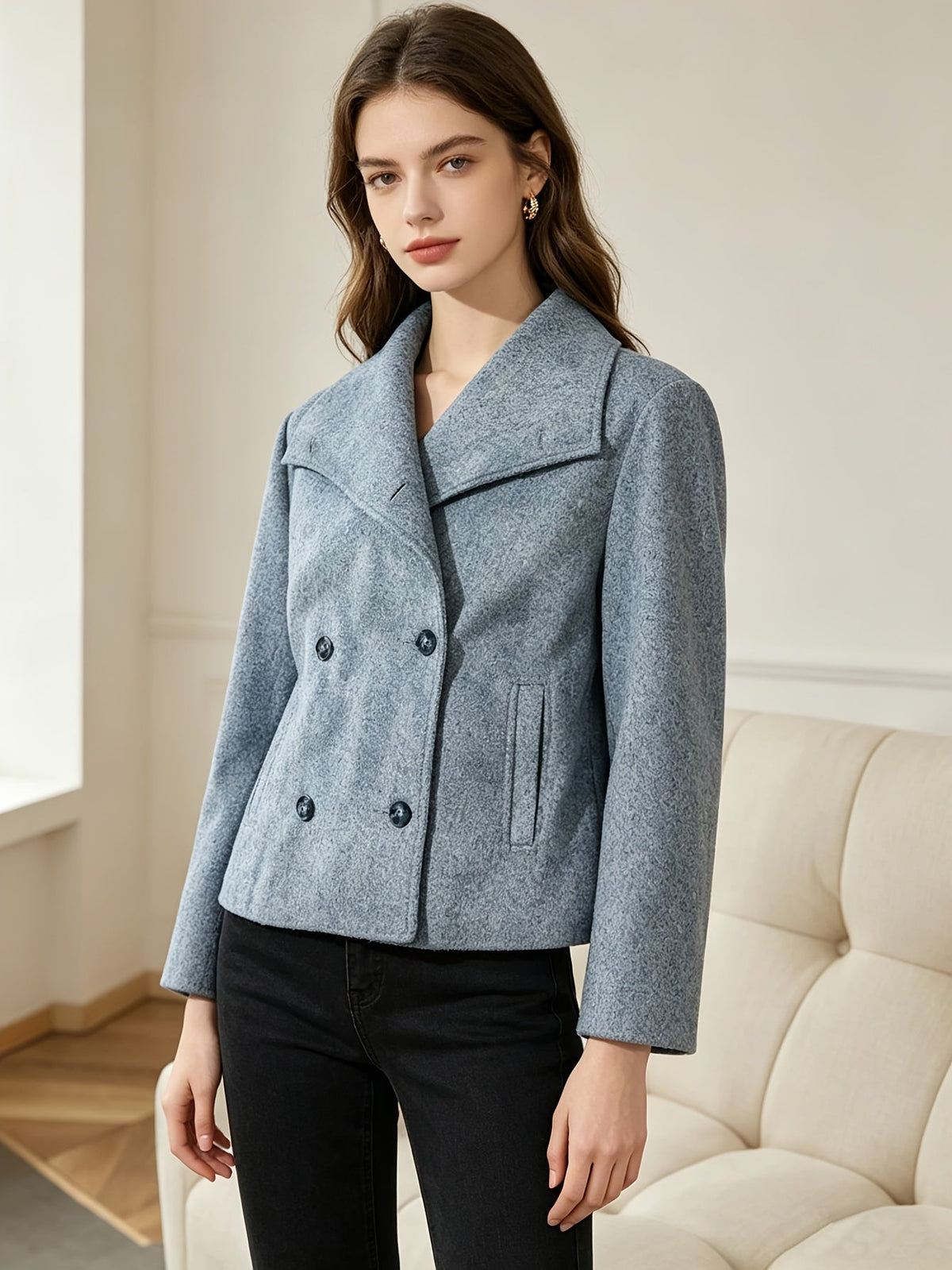Welt pocket cropped pea coat for women