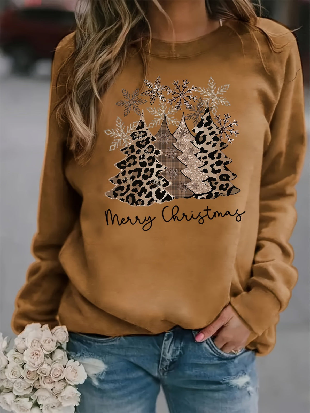 Leopard print Christmas sweater with drop shoulders for women