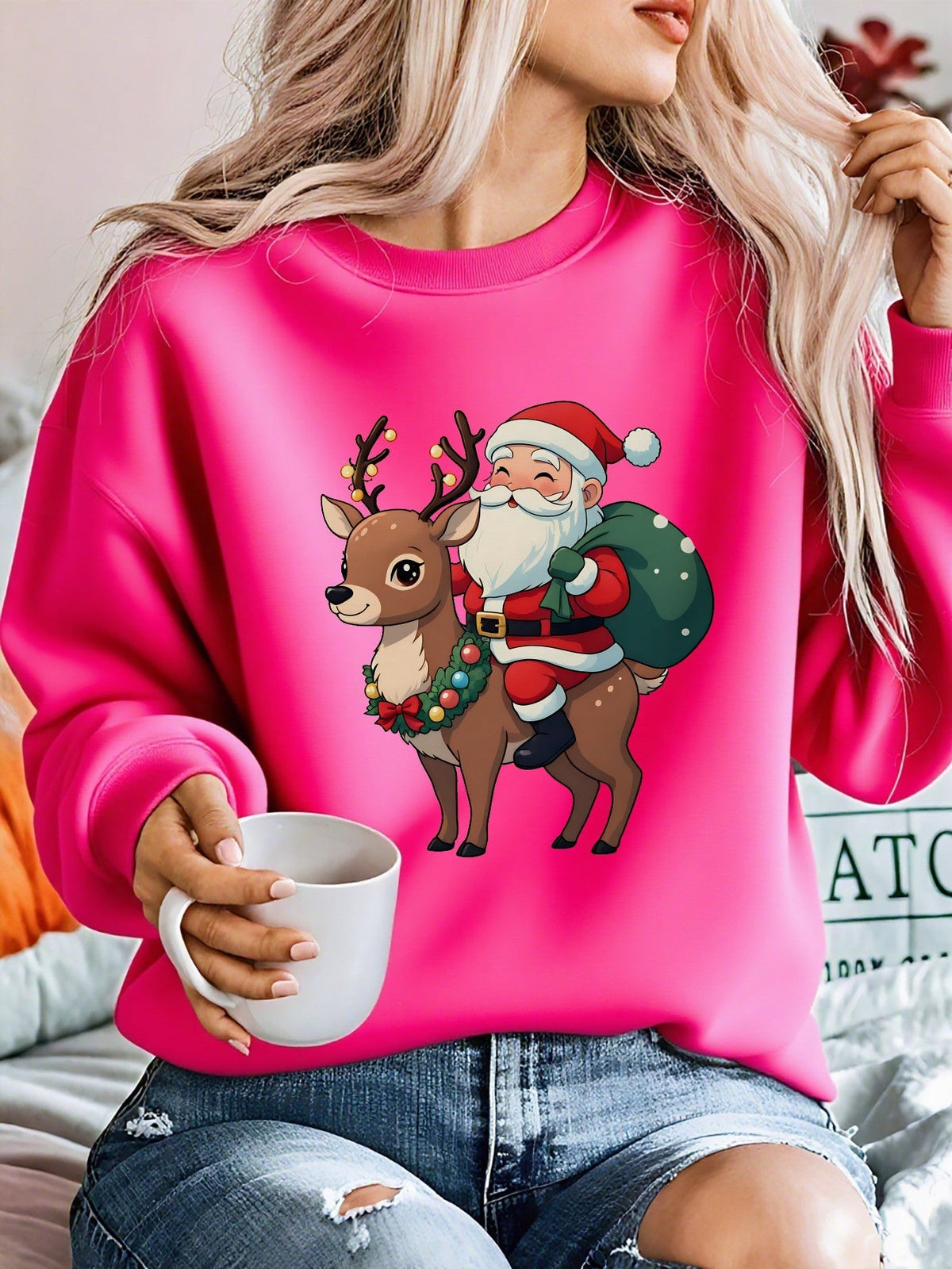Christmas sweater with Santa and reindeer print for women