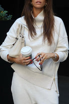 Relaxed knit wide-leg pant set in cream for women
