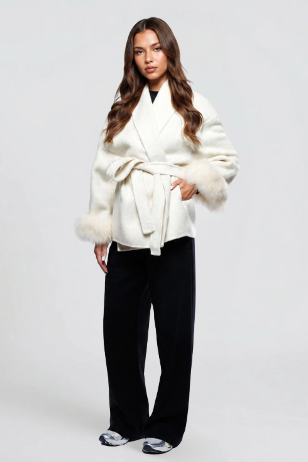 Relaxed fit wool-look belted coat for women