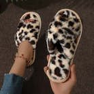 Criss cross fuzzy slippers in leopard for women