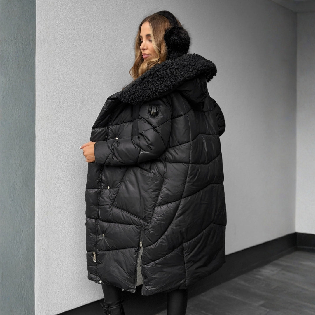 Long quilted hooded coat for women