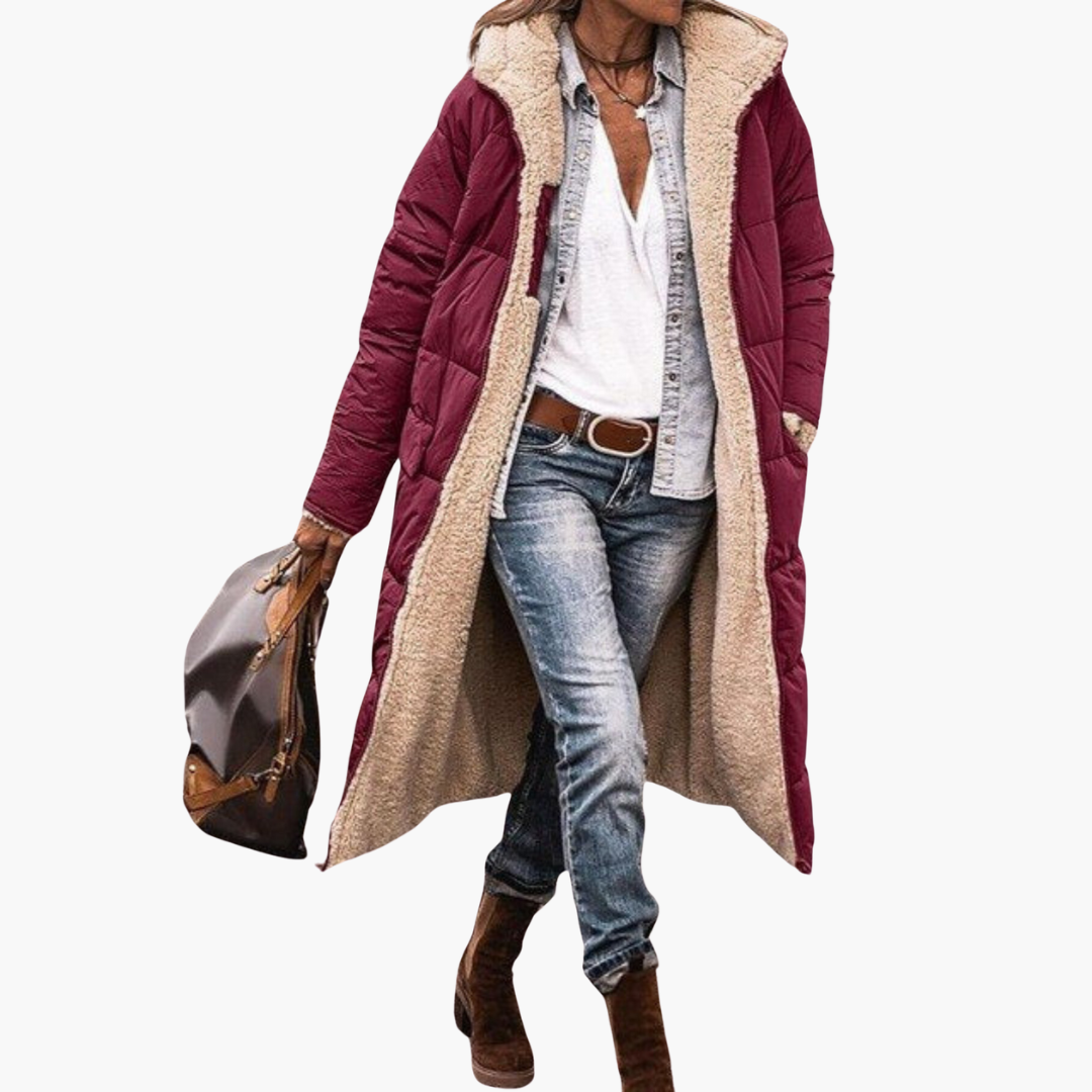 Fleece-lined hooded puffer coat in burgundy for women