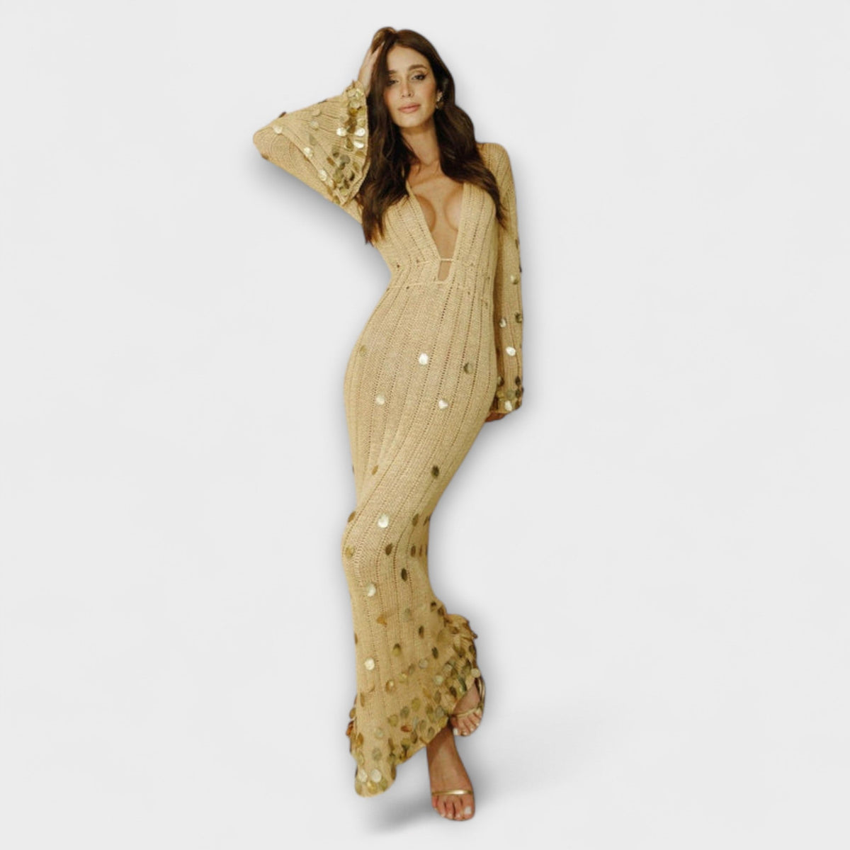 Gold open-knit maxi dress with sequin discs for women