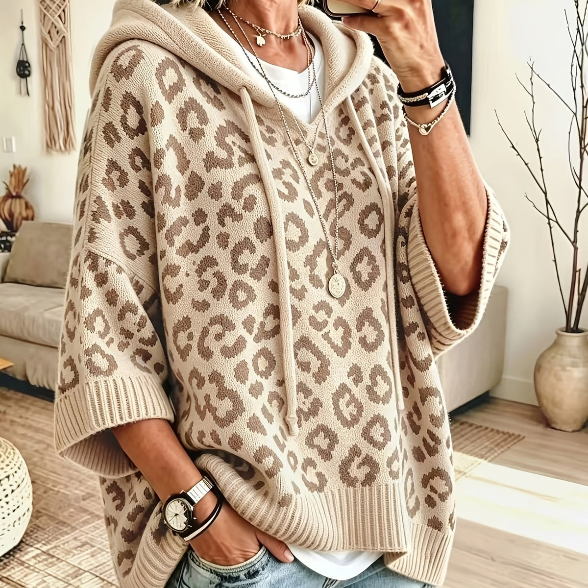 Oversized leopard batwing knit hoodie for women