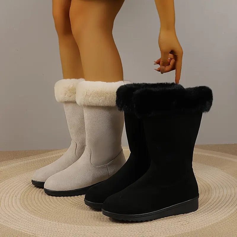Plush-lined mid-calf winter boots with faux-fur cuff for women